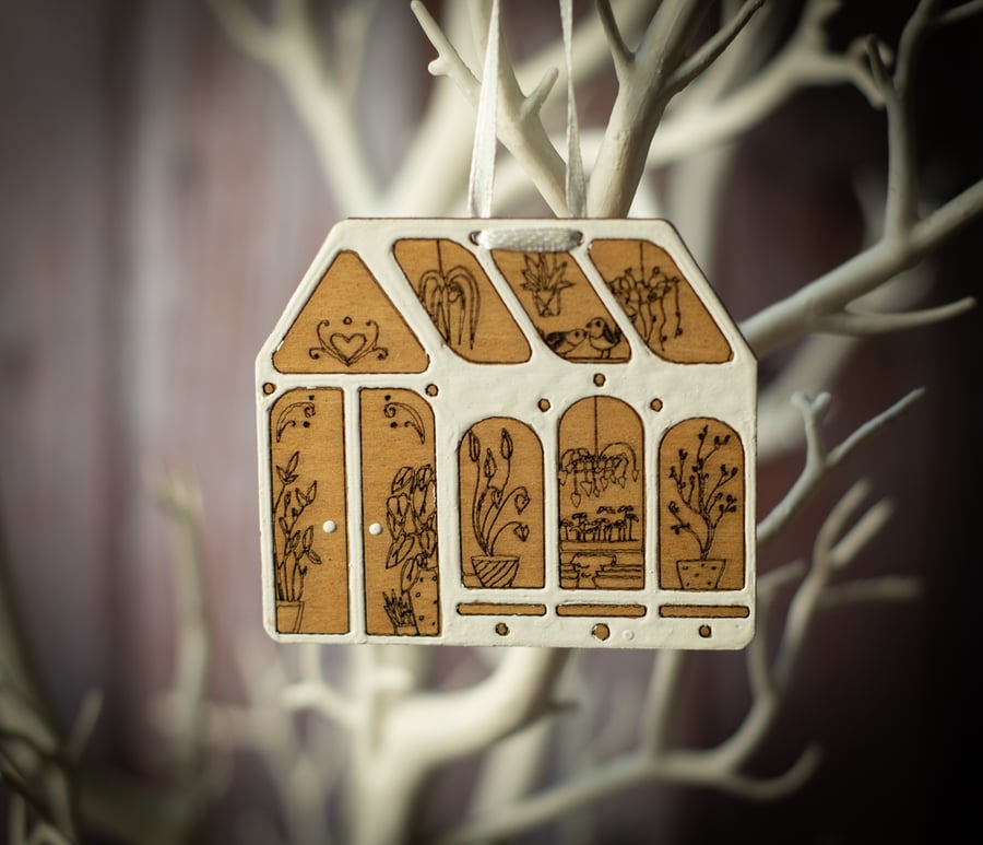 Wooden Gingerbread Greenhouse Christmas Ornament - Robins edition