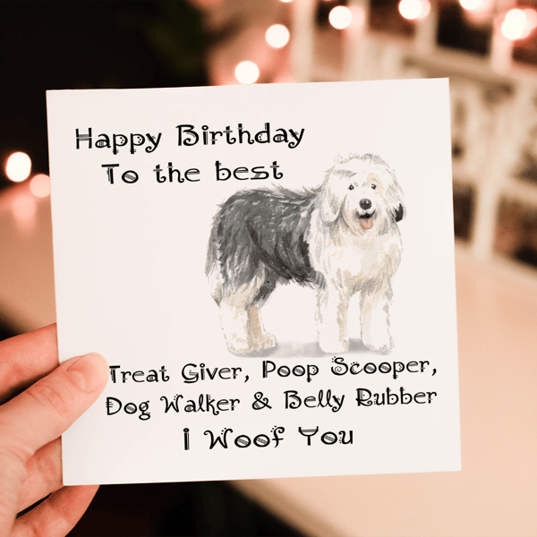 Old English Sheepdog Birthday Card, Dog Birthday Card, Personalized Dog Breed Ca