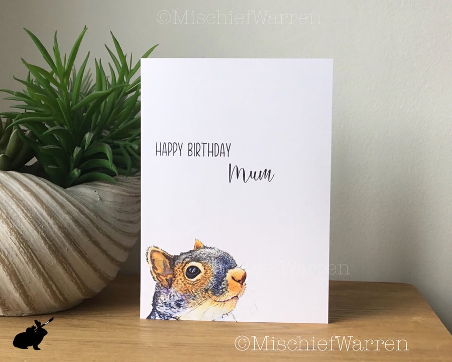 Grey Squirrel Art Card - Personalised birthday card