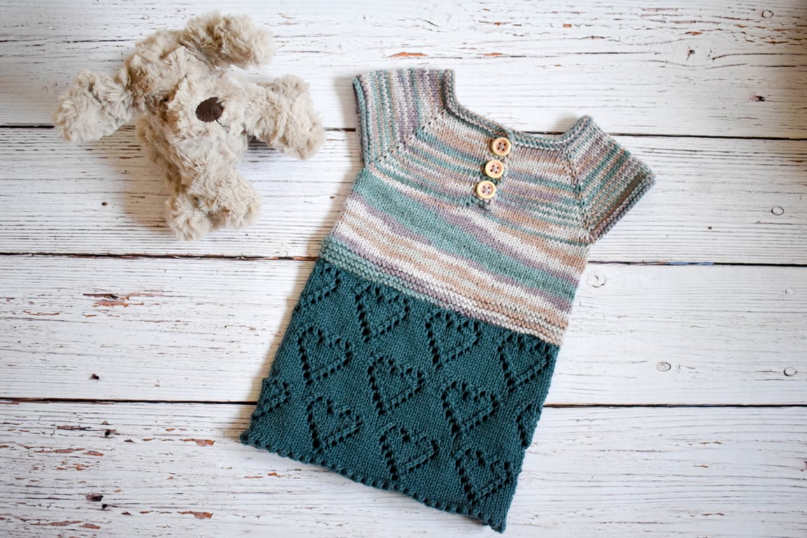 Hand Knitted heart pattern summer dress in Teal with mauve - 0-3 months