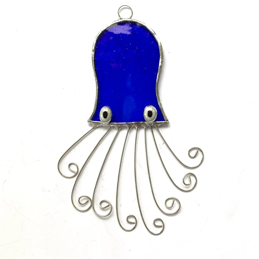 Stained Glass Octopus Suncatcher - Handmade Window Decoration - Blue