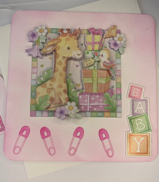 New baby girl cute baby giraffe card and gift tag