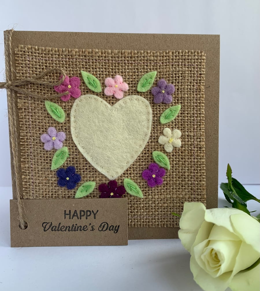 Handmade Valentines card. Cream heart and flowers, wool felt. Keepsake card.