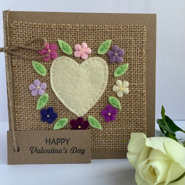 Handmade Valentines card. Cream heart and flowers, wool felt. Keepsake card.