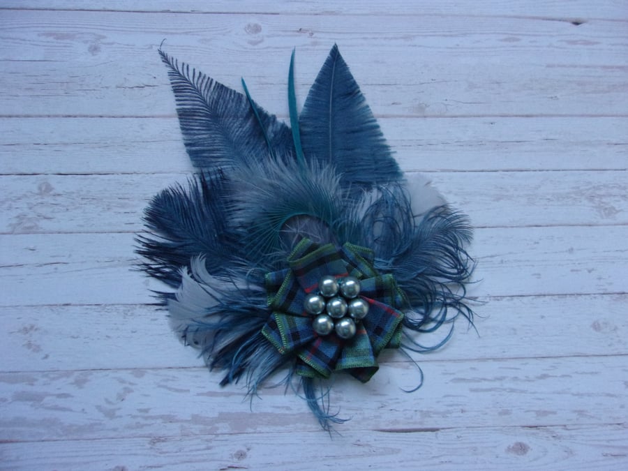 Teal Blue & Grey Flower of Scotland Tartan Feather Brooch Buttonhole Pin