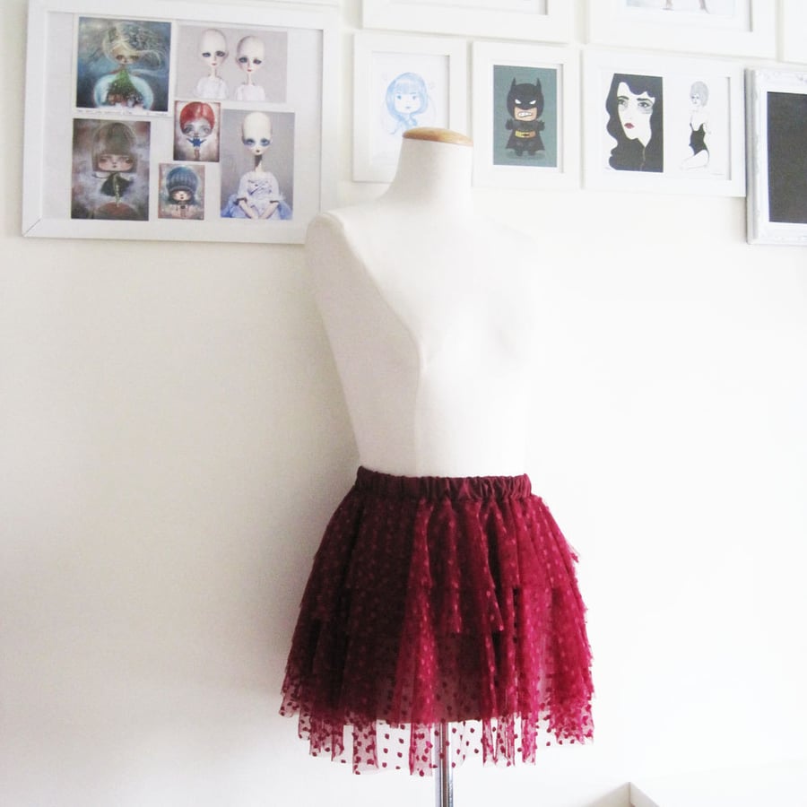 Made-to-order Burgundy Spot Tulle Mini Skirt
