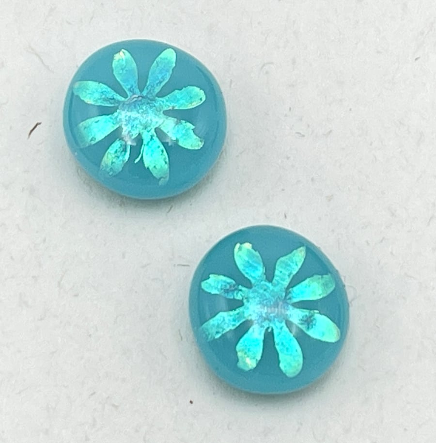Turquoise Dichroic Flower Fused Glass Stud Earrings