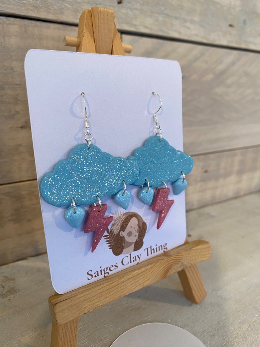 Glitter Cloud Earrings with lightening bolts