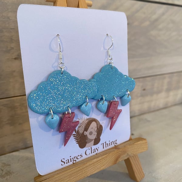 Glitter Cloud Earrings with lightening bolts