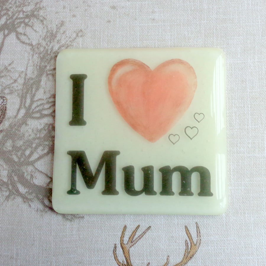 Fused glass coaster, I love Mum, for table or desk