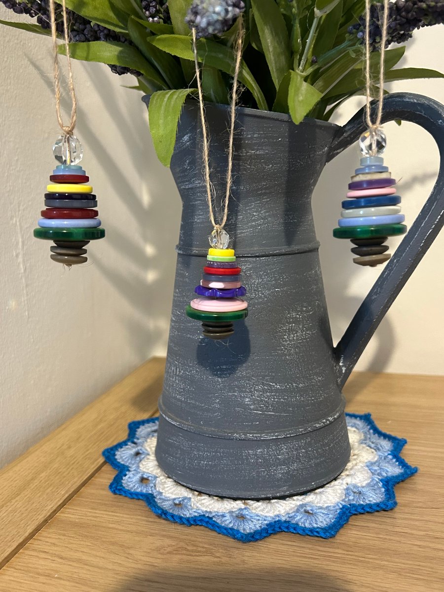 Multi Coloured Recycled Button Christmas Trees Hanging Decorations Set of 3 