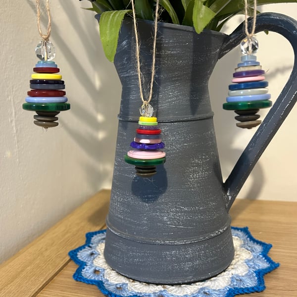 Multi Coloured Recycled Button Christmas Trees Hanging Decorations Set of 3 