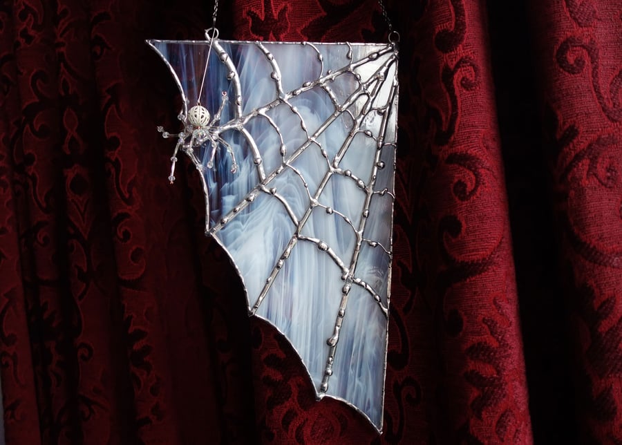 Stained Glass Cobweb with Spider.  Window Decoration.  Decor Feature