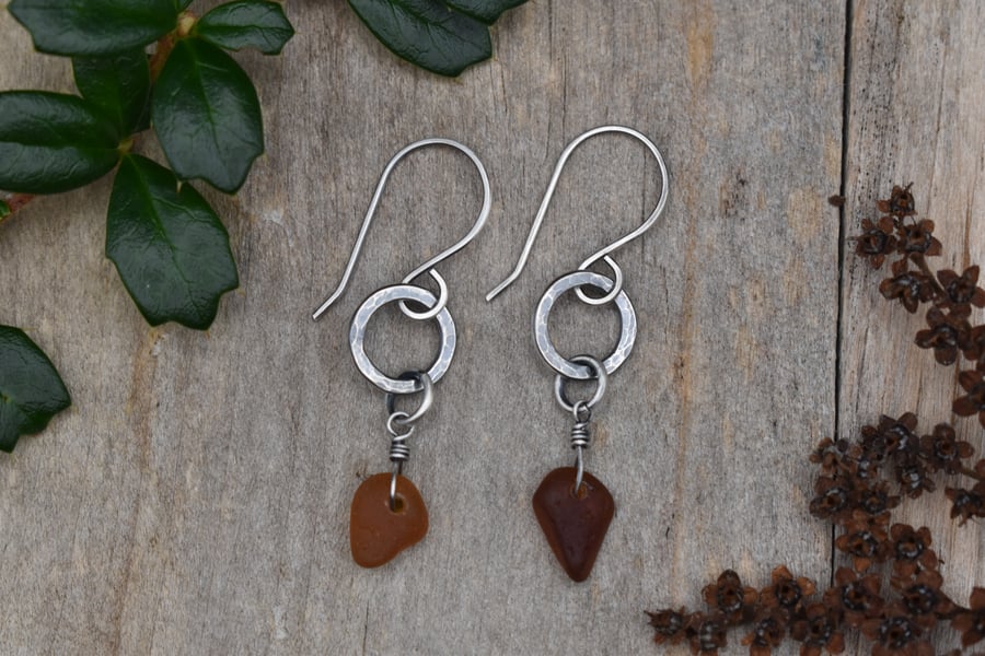 Scottish Sea Glass and Recycled Sterling Silver Earrings, Amber