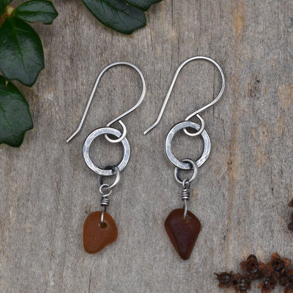 Scottish Sea Glass and Recycled Sterling Silver Earrings, Amber