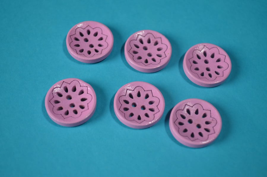 Wooden Pierced Flower Buttons Dusky Pink 6pk Button 18mm (P6)