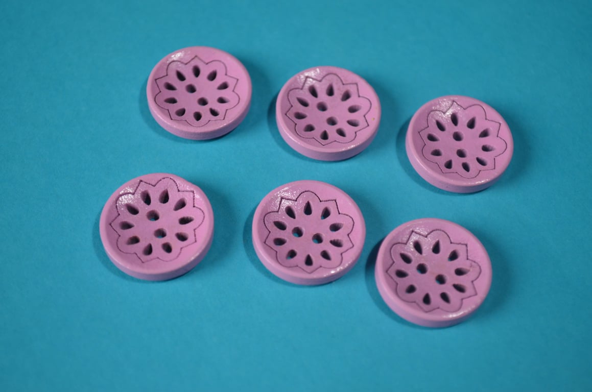 Wooden Pierced Flower Buttons Dusky Pink 6pk Button 18mm (P6)