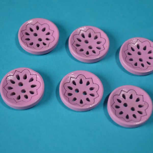 Wooden Pierced Flower Buttons Dusky Pink 6pk Button 18mm (P6)