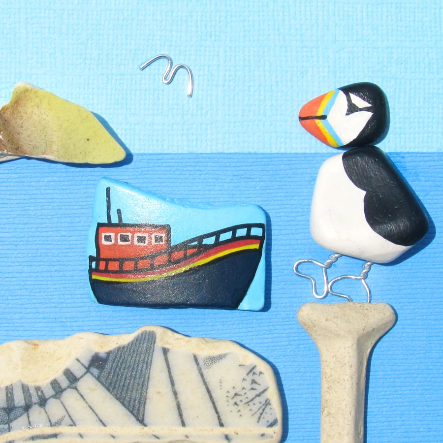 Puffin & RNLI Lifeboat Pebble Art Framed Picture. Beach Pottery & Driftwood