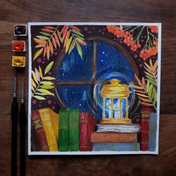 Rowan tree, lantern and books original artwork 