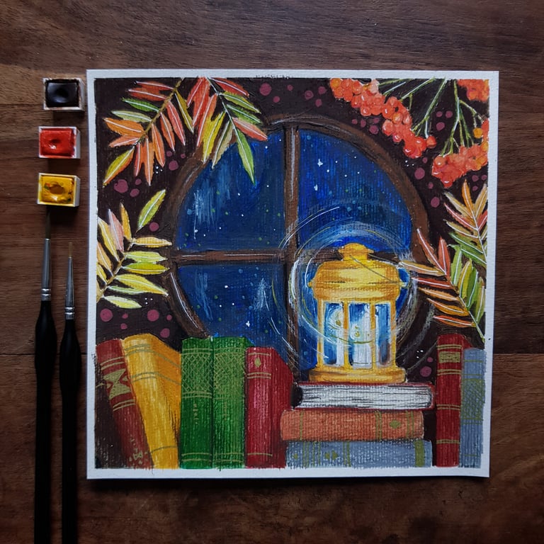 Rowan tree, lantern and books original artwork 
