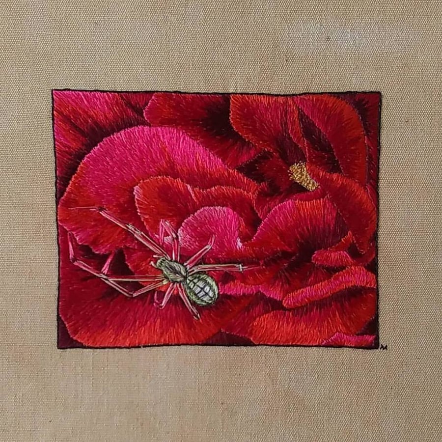 Hand Embroidered silk spider on rose