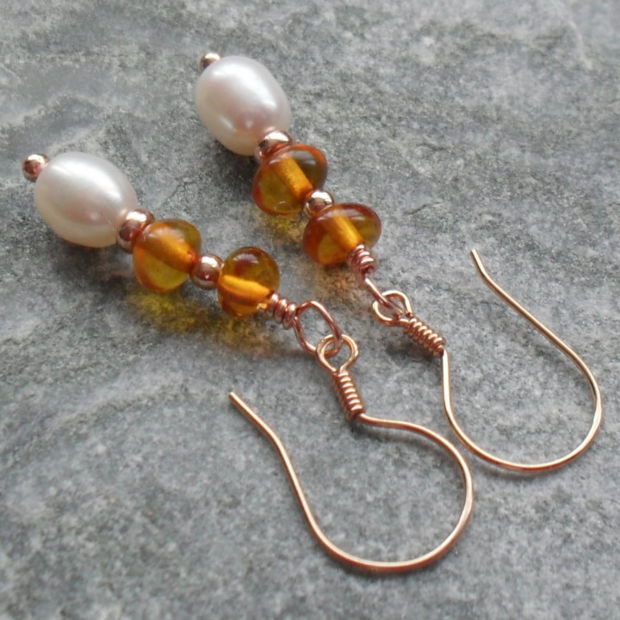 Rose Gold Vermeil Freshwater Pearls with Baltic Amber Drop Earrings