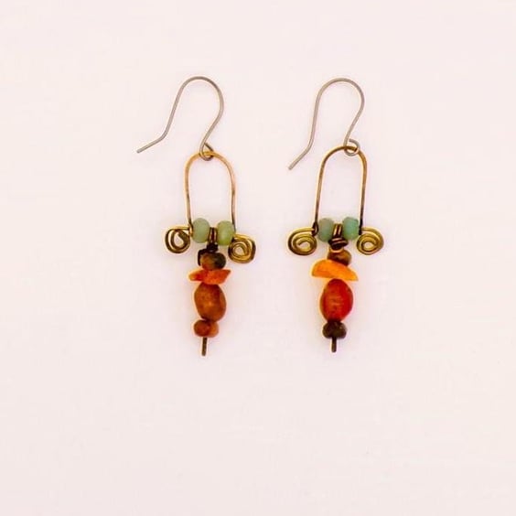Swinging Perch Dangle Earrings- Copper- Titanium- Polished Mixed Gemstones