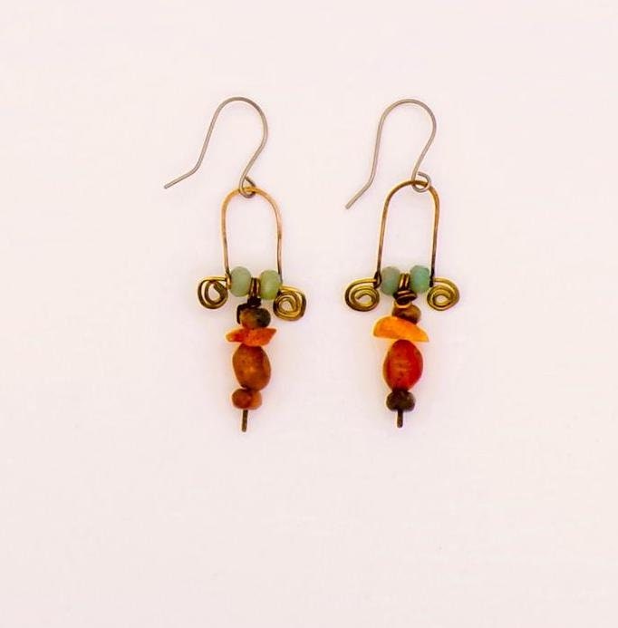 Swinging Perch Dangle Earrings- Copper- Titanium- Polished Mixed Gemstones