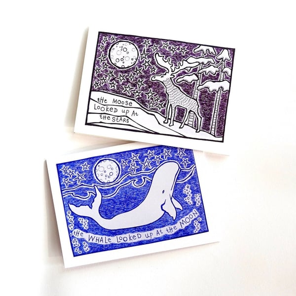 Moose and Whale Cards - Set of 2 - READY TO SHIP