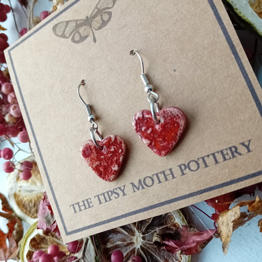 Red floral heart porcelain clay earrings on surgical steel hooks