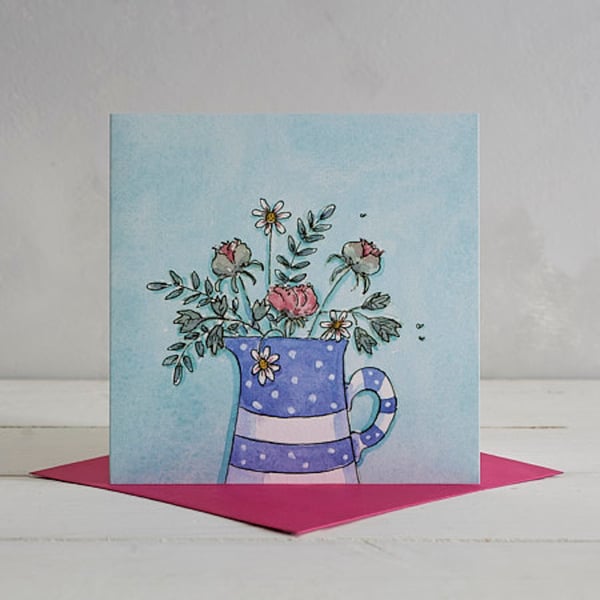 Spots and Stripes flower Jug with Peonies and Daisies greetings card