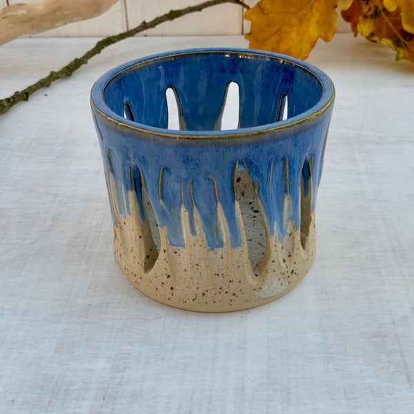 Tealight Candle Holder with winter wood & midnight rain glaze 