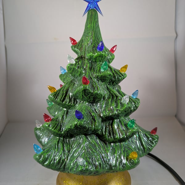 Ceramic Xmas Green Christmas Tree Table Lamp Light Ornament Decoration.