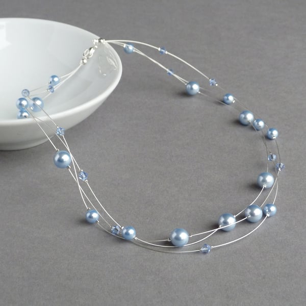 Pale Blue Floating Pearl Necklace - Light Blue Bridesmaid Jewellery - Wedding