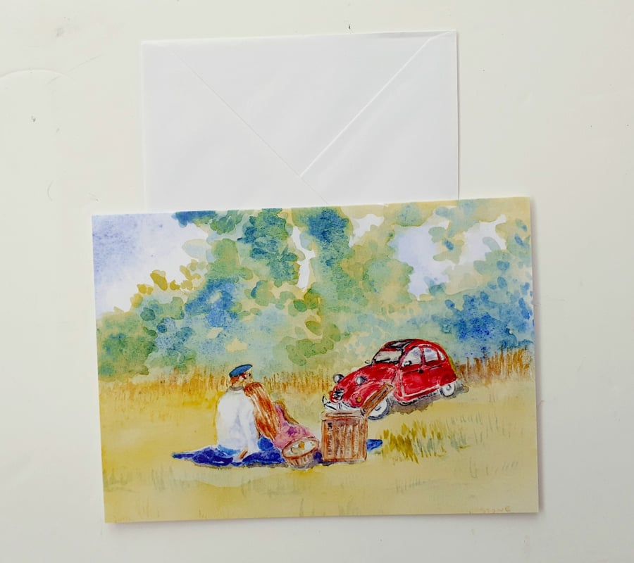 Blank greetings card A5 Citroen 2CV country picnic from original watercolour
