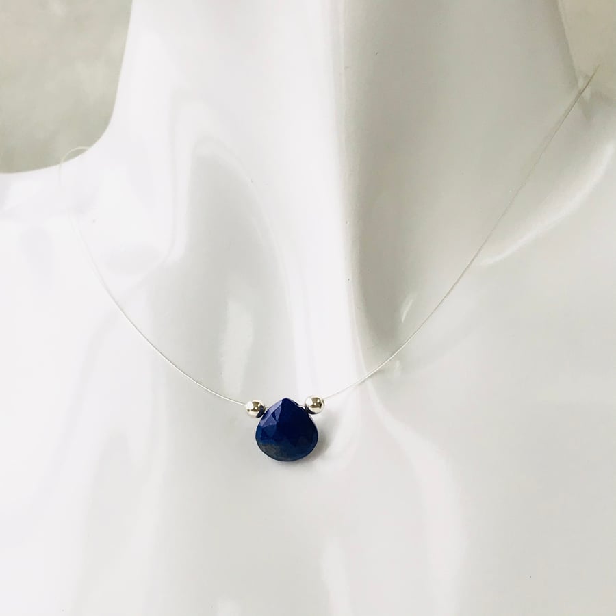 Lapis lazuli faceted heart gemstone necklace with sterling silver beads 