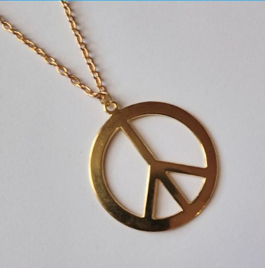 Gold Plate Peace Sign Large Pendant CND Necklace Hippie Hippy 60s Retro