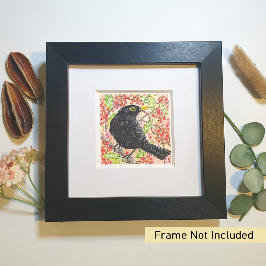 Blackbird miniature artwork, original bird drawing