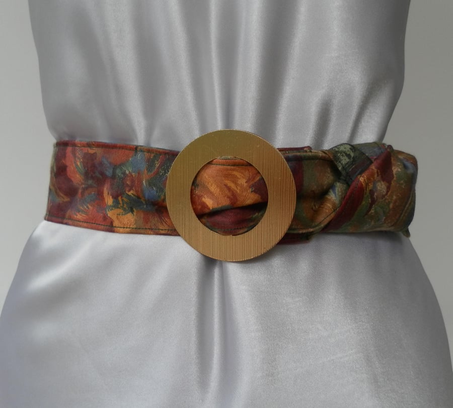 Floral Fabric Belt, Gold Tone, Textured, Circular, Metal Buckle