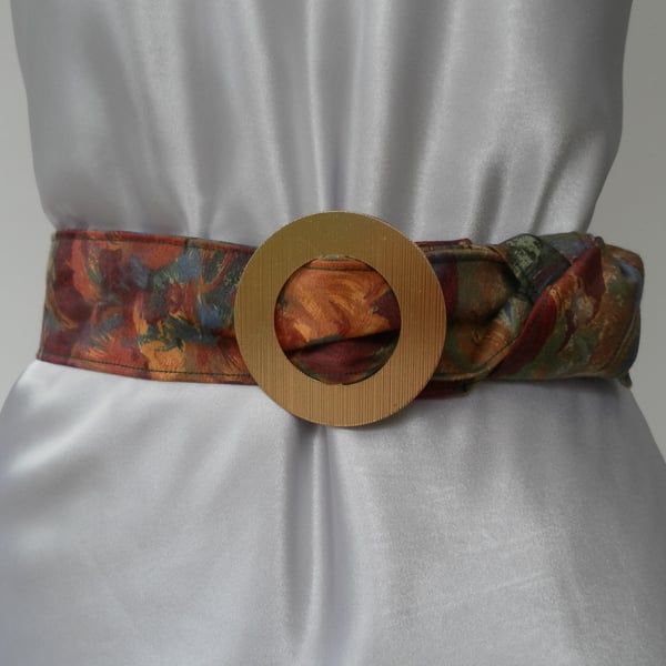 Floral Fabric Belt, Gold Tone, Textured, Circular, Metal Buckle