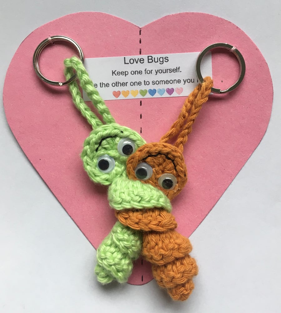 Crochet Worry Worm Love Bug Keyring - Orange And Green 