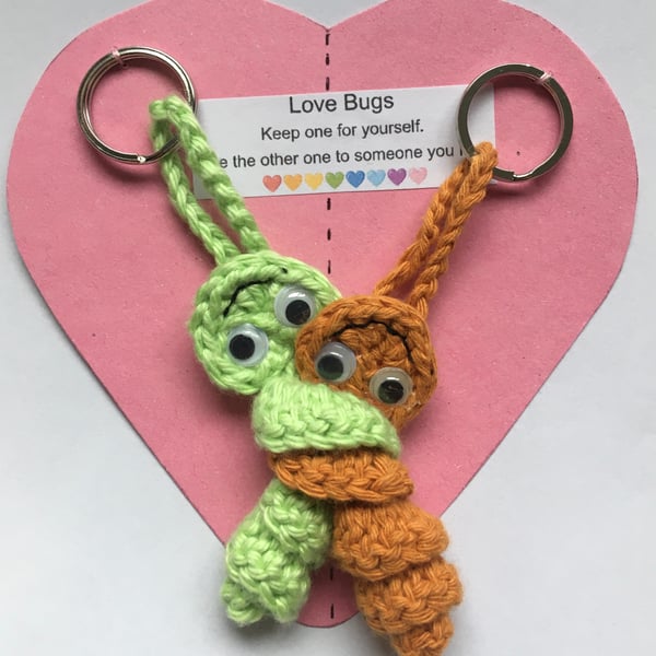Crochet Worry Worm Love Bug Keyring - Orange And Green 