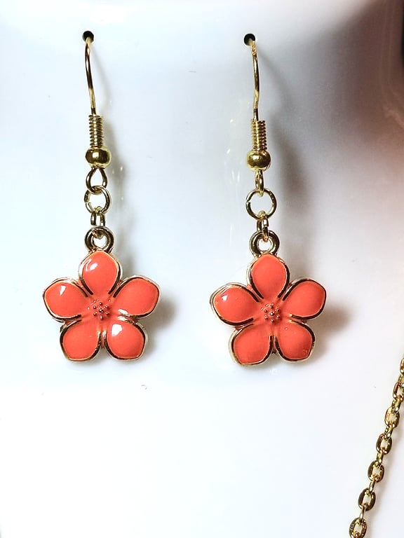 Handmade Orange Flower Pendant Dangle Earrings with 14K Gold