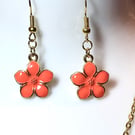 Handmade Orange Flower Pendant Dangle Earrings with 14K Gold