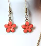 Handmade Orange Flower Pendant Dangle Earrings with 14K Gold