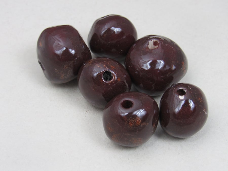 6 Medium Dark Copper Brown Glazed Clay Beads