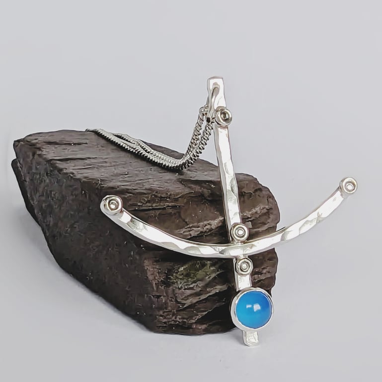 Sterling Silver Blue Agate Pendant, Handmade Urban Design Jewellery