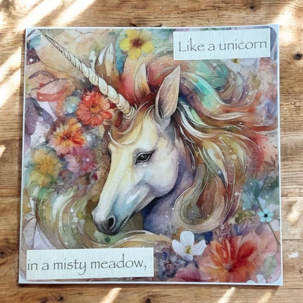 Unicorn in a Misty Meadow Greetings Card.