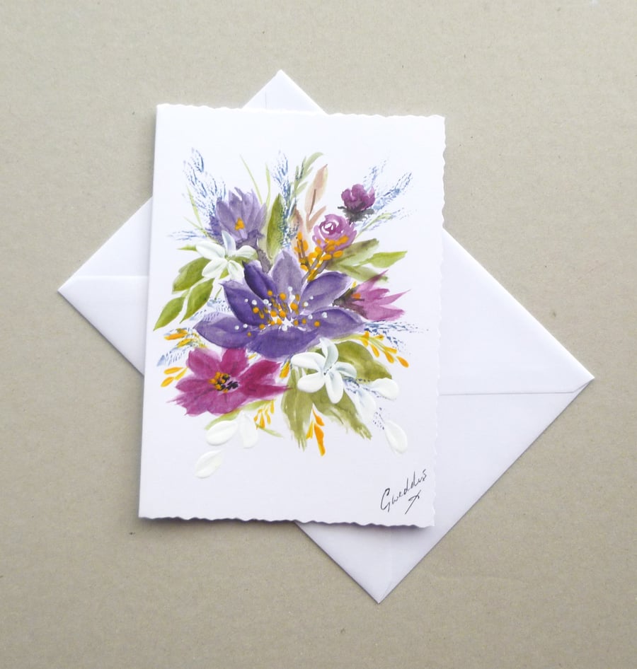 hand painted floral blank greetings card ( ref F 859 F2 )